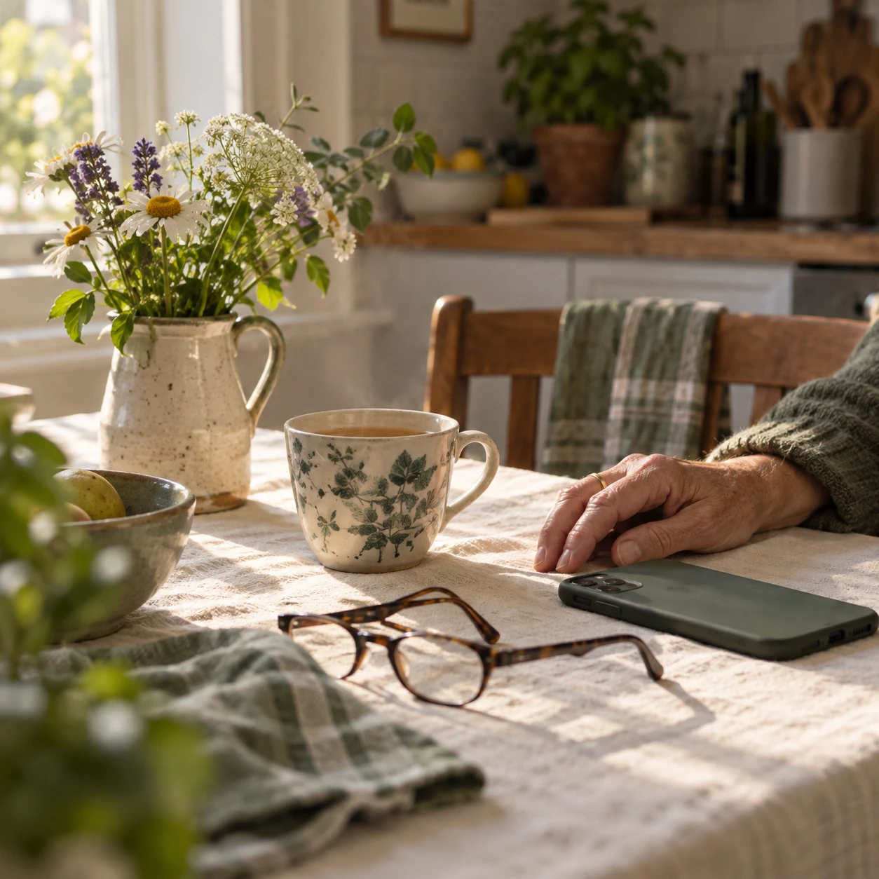 Una mesa de cocina con luz de mañana: una taza de té, unas gafas de lectura, flores silvestres en una jarra y un teléfono junto a la mano de una mujer mayor.