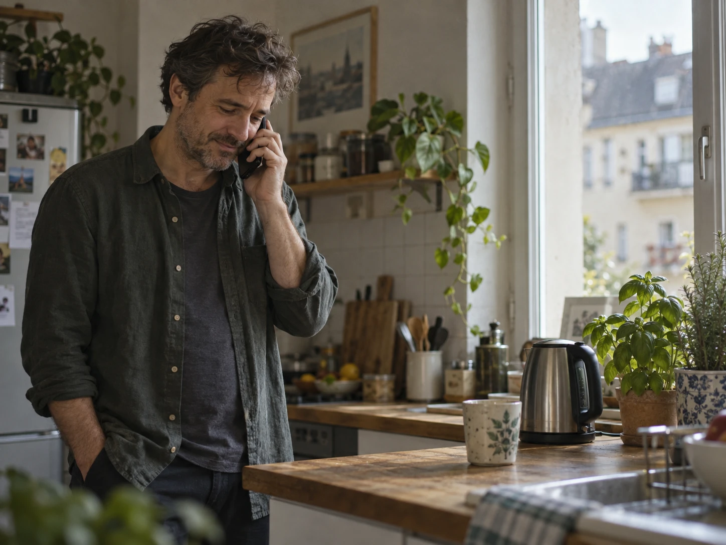 Un hombre de pie en su cocina, con el teléfono en la oreja, sonríe levemente mientras escucha.